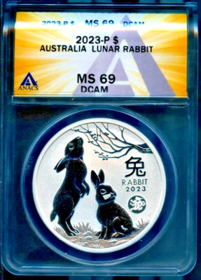 2023 $1 Silver Australian Lunar Rabbit MS 69 DCAM ANACS # 7874622 + Bonus - Image 1 of 2