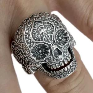 20g Mexikanischer Zucker Blumen Tribal Tattoo Schädel Biker 925 Sterlingsilber Herrenring - Bild 1 von 12