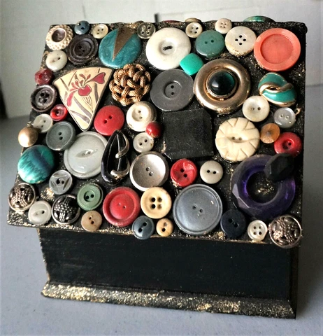 Button bird house, hand crafted with bejeweled parrot on a perch, one of a kind! Cover