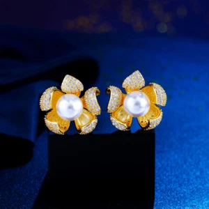 Chic Yellow Gold Plated CZ Women Micro Pave Flower Pearl Stud Earrings Jewelry - Picture 1 of 12