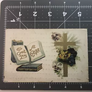 Antique Easter Postcard Cross Flowers Books Posted 1912 Embossed - Picture 1 of 3