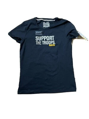 Under Armour Women Sz Medium  Black Shirt Support The Troops Heat Gear S/S New - Image 1 of 2