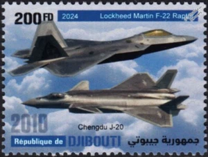 Chengdu J-20 & F-22 RAPTOR Military Aircraft Stamp (2024 Djibouti) - Picture 1 of 1