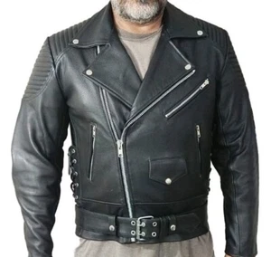Men's Real Cowhide Thick Leather Bikers Jacket Quilted Panels Bikers Jacket - Picture 1 of 6