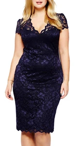Abito donna vestito elegante scollato taglia grande pizzo sexy maniche corte - Foto 1 di 6