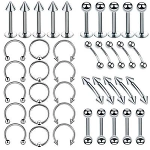 40Pcs 316L Steel Piercing Kit Nose Hoop Lip Ring Tongue Eyebrow Tragus Studs 16G - Picture 1 of 11