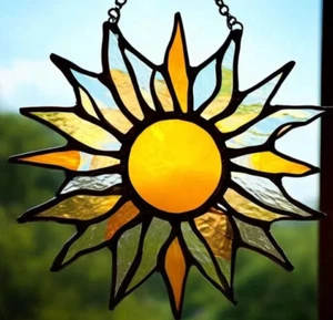 Huge Handmade Yellow Amber SUNFLOWER SUN STAINED GLASS SUNCATCHER / WALL HANGING - Picture 1 of 24