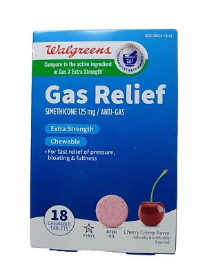 Walgreens Gas Releif ~ Fuerza extra ~ 18 comprimidos masticables crema cereza ~ Exp. 7/26 Foto 1 de 2