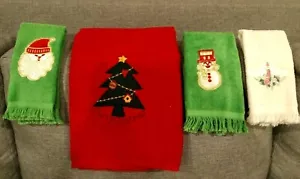 SET OF 4 VTG. CANNON BATH & HAND TOWELS CHRISTMAS TREE SNOWMAN SANTA & CANDLE - Picture 1 of 12