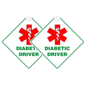 Diabetic Driver Car Sign Twin Pack 14x14cm Vinyl Medical Alert with Suckers - Picture 1 of 6