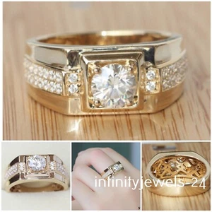 3.23Ct Round Cut Lab-Created Diamond 14K Yellow Gold Plated Men's Wedding Ring - Picture 1 of 7