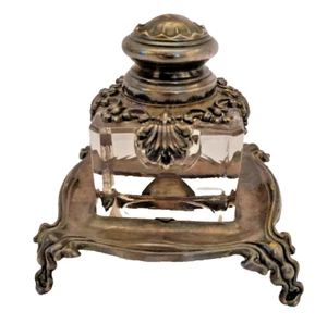 Antique 1897 Victorian Silver Metal Glass Inkwell with Stand - Picture 1 of 18