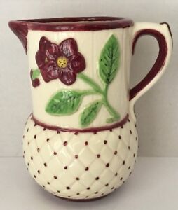 Majolica Wild Rose Pitcher Butterfly Spout Wood Boards Diamonds, Signed