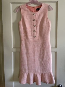 KARL LAGERFELD PARIS Tweed Ruffle Hem Shift Dress Pearl Buttons Sz 4 Rose Pink - Picture 1 of 8