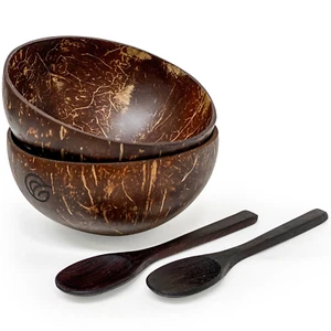 Coconut Bowls and Wooden Spoons Set of 2 - Picture 1 of 9