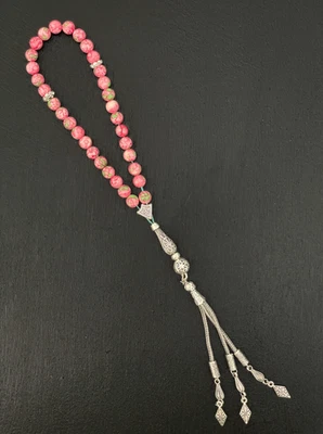 Pink Green Howlite Islamic Prayer Beads, 33 Beads Tasbih, Subha, Muslim Gift - Image 1 of 4