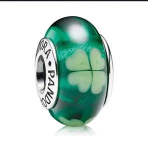 Pandora Green Murano Glass Four Leaf Clover Kiss Me, I'm Irish Charm S925ale - Picture 1 of 8