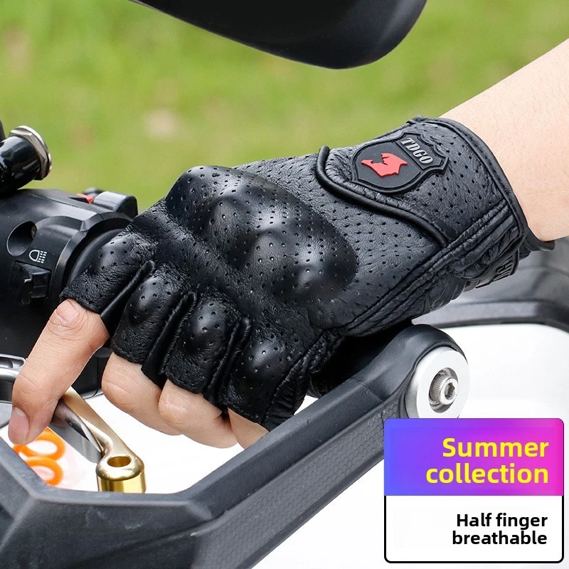 Summer Half-finger Motorcycle Motorbike Glove Genuine Leather Touchscreen Vented - Image 1 of 4