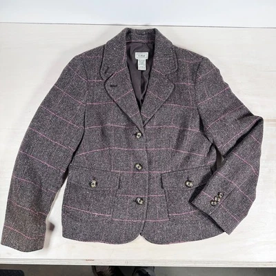 Blazer LL Bean Mujer SP Espiga Tweed Tostado Marrón Seda Mezcla Lana De Colección Foto 1 de 4