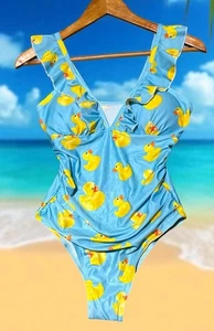 Rubber Duck Swimsuit Women’s Sz Small One Piece Ruffle Straps Cute Novelty NEW - Picture 1 of 4