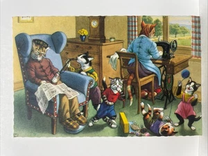 Anthropomorphic Cat Family in Living Room Mainzer Art Colored Postcard 4861 - Picture 1 of 2