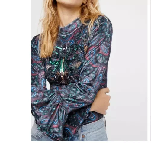 Blusa We The Free People L'Amour Paisley Feminina S Veludo Lantejoulas Frisadas Manga de Sino - Imagem 1 de 4
