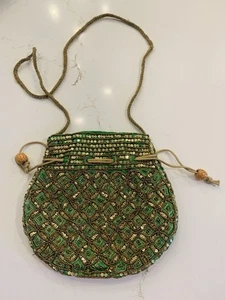 Indian Bridal Purse Handbag Gold Embroidery Sequin Drawstring Pouch Unused - Picture 1 of 9