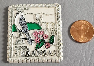 Arkansas Stamp State Bird & Flower Square Refrigerator Souvenir Magnet - VTG - Picture 1 of 2