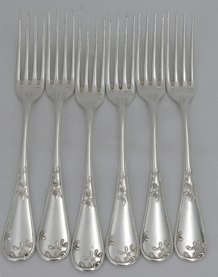 Ercuis modèle GUI, 6 fourchettes de table en métal argenté, Art Nouveau. - Photo 1/4