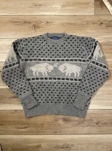 Rare Vintage Pendleton Size Medium Wool Crewneck Sweater Buffalo Bison Gray Blue - Picture 1 of 7