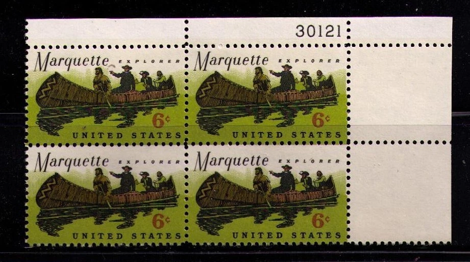 US USA Sc# 1356 MNH FVF Plate# Block Explorer Marquette Canoe Paddle Jesuit - Image 1 of 1