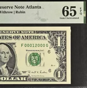 1995 $1 Federal Reserve Note PMG 65EPQ - Birthday Low Serial Number 00012000 - Picture 1 of 3