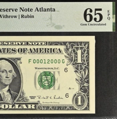 1995 $1 Federal Reserve Note PMG 65EPQ - Birthday Low Serial Number 00012000 - Image 1 of 3
