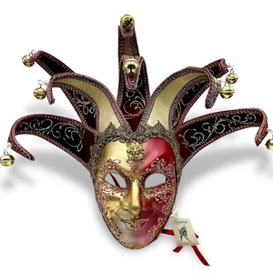 Venetian JESTER MASK LEO Gentleman Mardi Gras Masquerade Red Gold Lion Italy - Picture 1 of 11