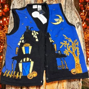 Bobbie Brooks XL Halloween Sweater Vest Haunted House Pumpkins & Cat Design ugly - Picture 1 of 18