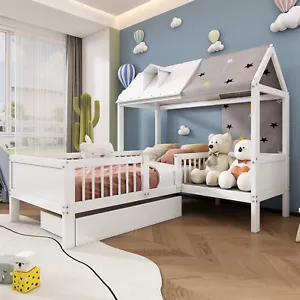 Hausbett 90 x 200 cm Kinderbett aus Massivholz mit Rausfallschutz Schubladen - Bild 1 von 8
