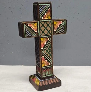 Arte popular mexicano vintage madera rústica tallada pintada a mano soporte cruz - Imagen 1 de 8