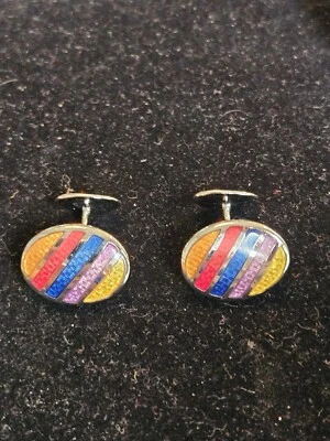 DAVID DONAHUE Sterling Silver & Enamel Multicolored Striped Cufflinks - Image 1 of 4