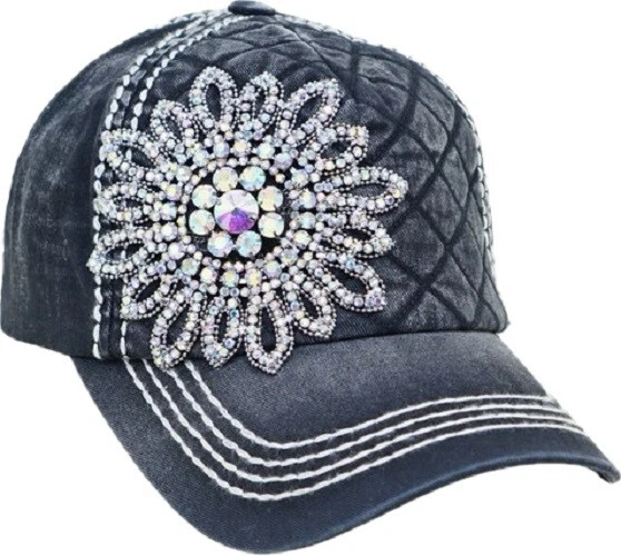 NWT Olive & Pique Quilted Washed AB Crystal Flower Baseball Hat - Black - Image 1 of 1