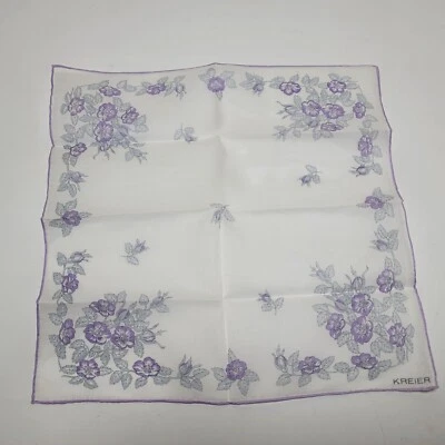 Pañuelo de diseñador firmado por Kreier Hankie Hanky púrpura floral algodón nuevo  Foto 1 de 4