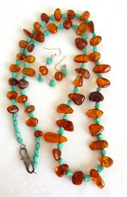 Artisan 琥珀和绿松石 33 英寸项链 2 英寸耳环套装 925 纯银扣 — 第 1/4 张图片