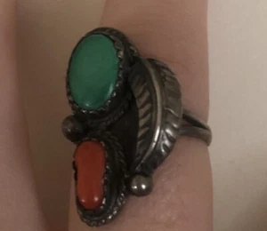 Navajo Indian Sterling Silver Turquoise & Coral Ring Size 6 - Picture 1 of 6