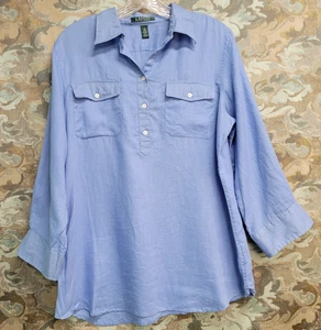 Top túnica popover 100 % lino Lauren Ralph Lauren para mujer M azul playa lengüeta enrollable - Imagen 1 de 10