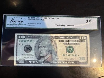 DBR 1999 $10 FRN Dallas STAR Fr. 2034-K* Legacy 25 Serial BK09275861* - Image 1 of 2