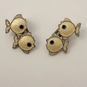 Vintage Volmer Bahner Denmark Sterling Cream Tone Fish Pair of Clip On Earrings - Picture 1 of 11