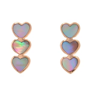 Rose Gold Mother of Pearl Heart Trio Three-Stone Journey Drop Earrings -14k Love - Picture 1 of 8