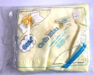 Vtg. New Cozy JE Morgan Waffle Weave Crib Blanket Yellow 36x50" Open Package - Image 1 of 4