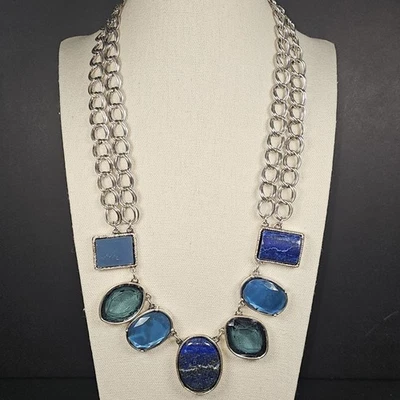 Chico's заявление нагрудник ожерелье серебристого тона синий зеленый искусственные камни двойной цепи - Изображение 1 из 4