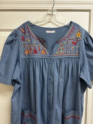 Go Softly Patio Dress Womens Plus 1X Blue Pockets Midi Zip Muumuu House Dress - Image 1 of 4