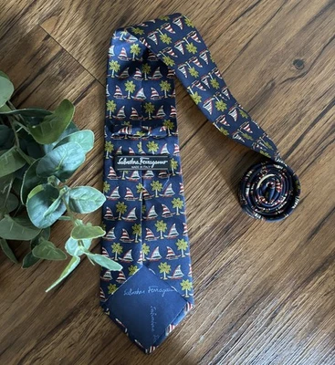Salvatore Ferragamo 100% Silk Tie Sailboat Palm Tree Novelty Print Italy Blue - Image 1 of 4